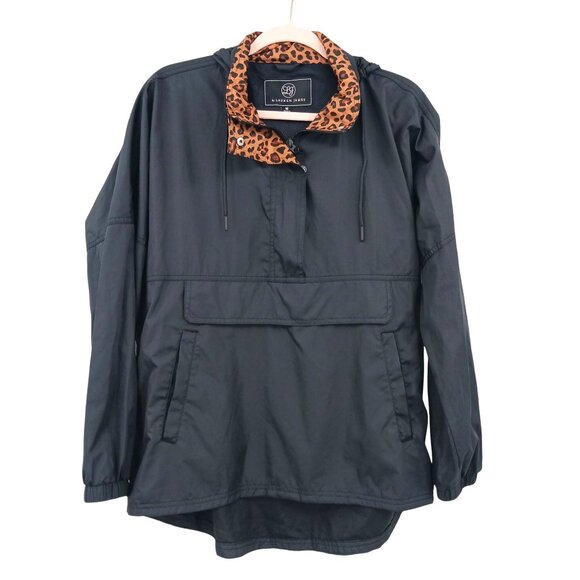 Lauren James Black Pullover Jacket Leopard Print Collar Medium Rain Jacket - Picture 3 of 12